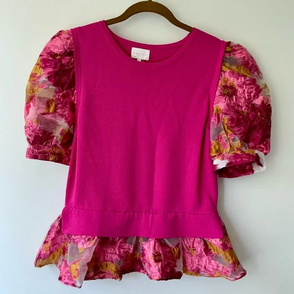 NEW Entro Hot Pink Puff Sleeve Peplum Bottom Shirt Top Sz L Sheer Floral Sleeves - Picture 1 of 5
